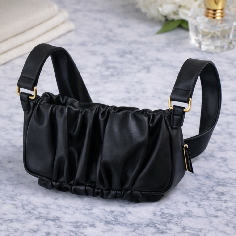 The Limited Scrunch Wide Strap Gold Hardware Shoulder Bag Vegan Leather Black